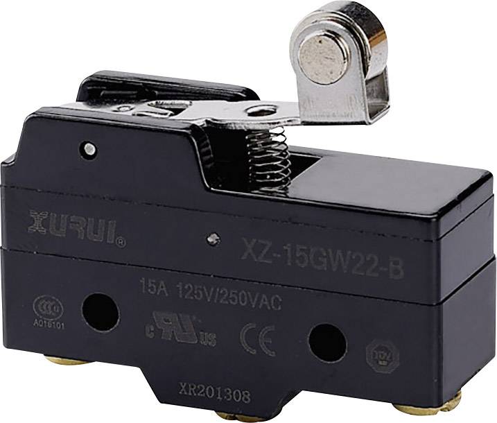 Černý mikropřepínač s potiskem 'XZ-15GW22-B', vhodný pro aplikace s 15A, 125/250VAC.