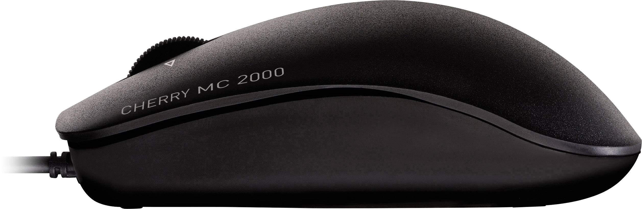 Černá počítačová myš s kabelem, boční pohled. Modelové označení: CHERRY MC 2000