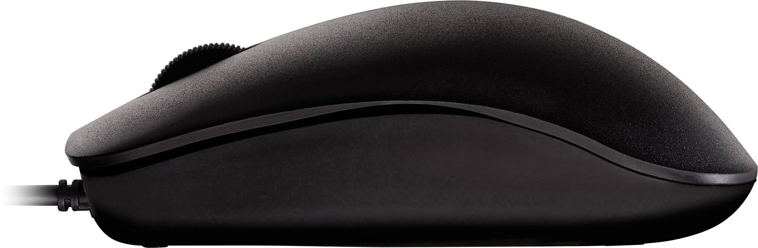 Černá počítačová myš v bočním pohledu s kabelovým připojením. Design je jednoduchý a ergonomický, vhodný pro kancelářské použití.