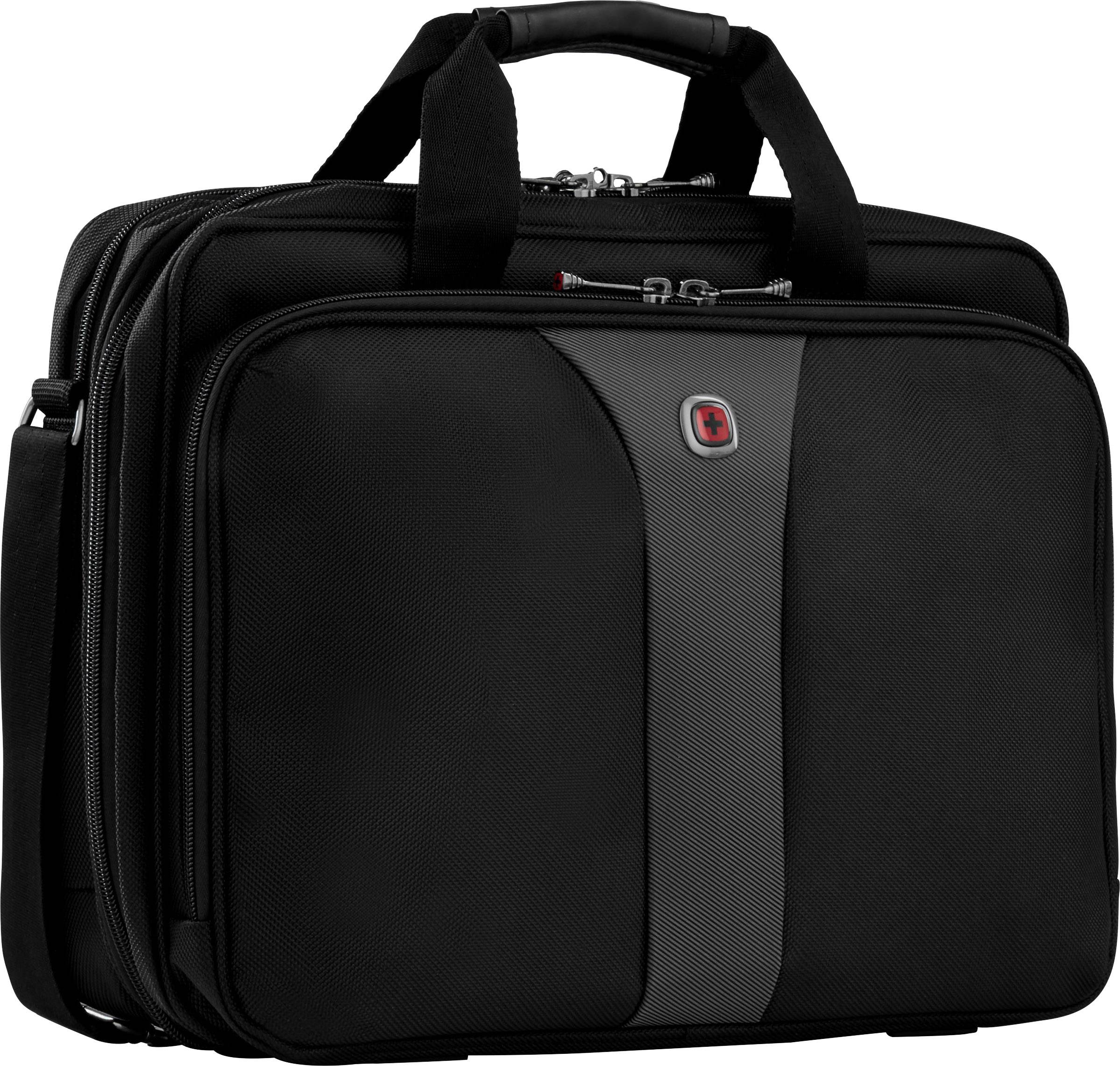 Černá aktovka s rukojetí a několika přihrádkami. Ideální pro přepravu laptopů a dokumentů.