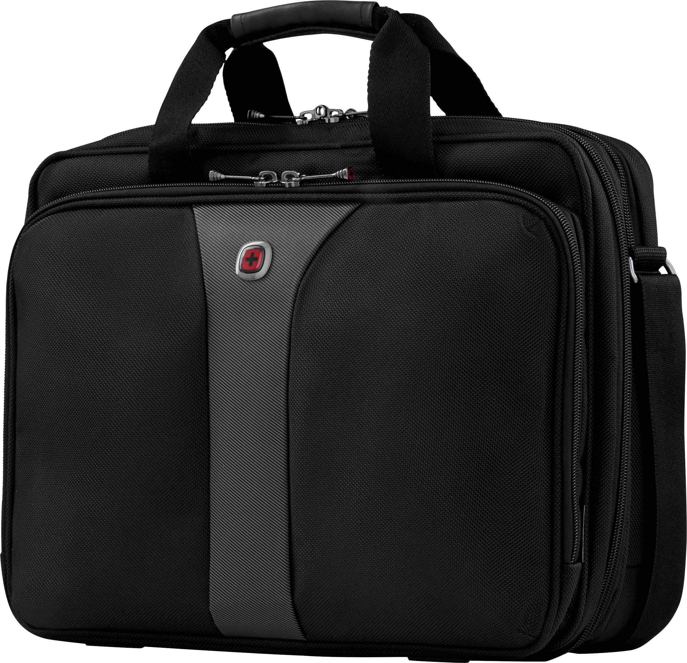 Černá aktovka s několika přihrádkami a rukojetí, vhodná pro laptopy a obchodní dokumenty.
