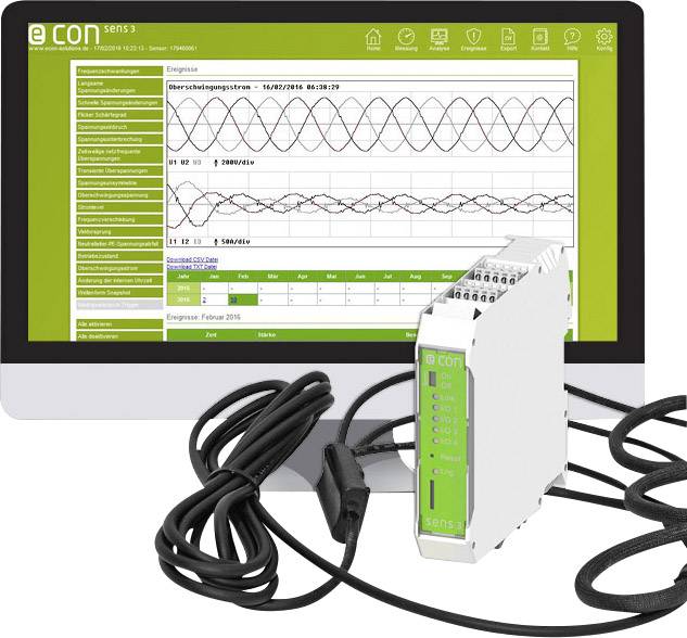 Monitor zobrazuje analytické diagramy energetického senzoru. Různé grafy podrobně znázorňují spotřebu energie a tok elektřiny.