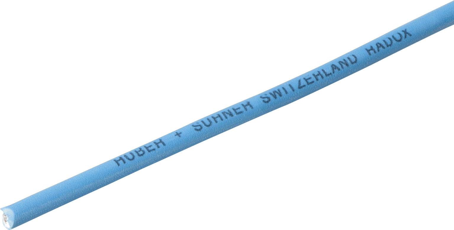 Modrý kabel s nápisem 'HUBER + SUHNER SWITZERLAND MADUX' na straně.