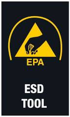 Symbol pro antistatické prostředí: Ruka s elektrostatickým výbojem nad nápisem EPA. Pod tím je napsáno: ESD TOOL.