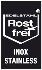 Logo s nápisem 'Edelstahl Rostfrei INOX STAINLESS' symbolizuje nerezovou ocel.