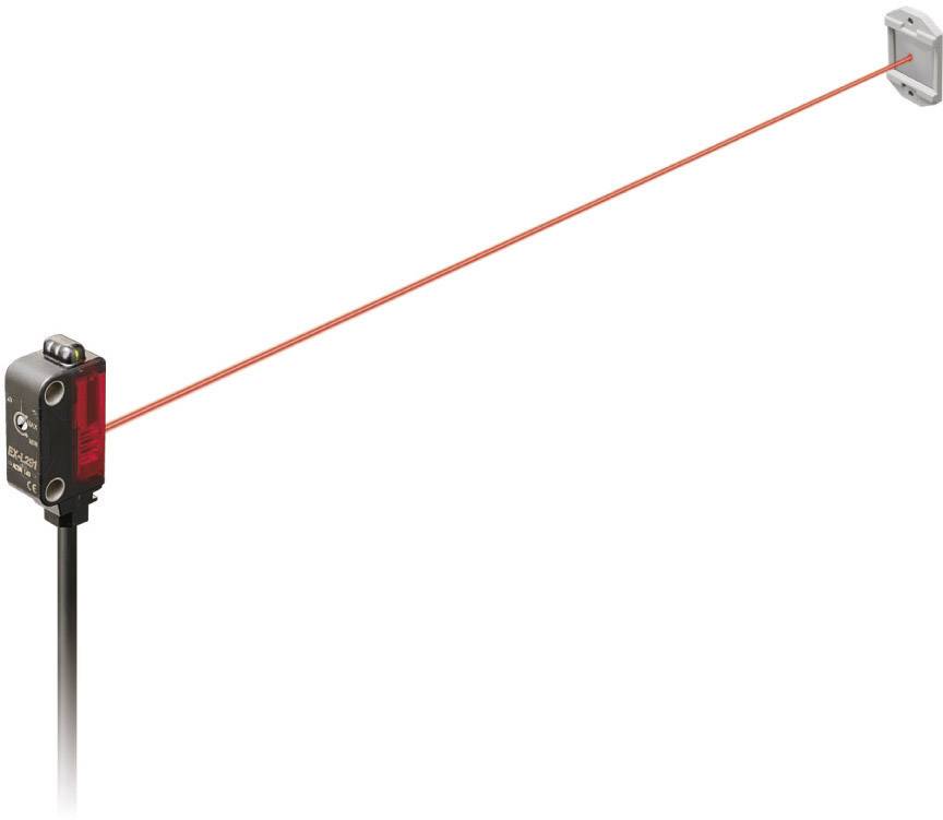 Elektronický senzor vysílá červený laserový paprsek k přijímači. Používá se pro přesné měření nebo detekci objektů.