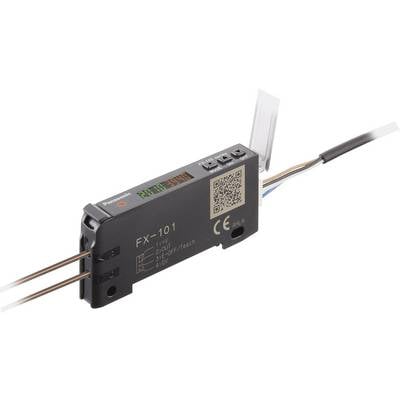 Senzorový modul FX-101 od Panasonicu s připojovacími vodiči a digitálním displejem. QR kód a ovládací tlačítka jsou viditelné.