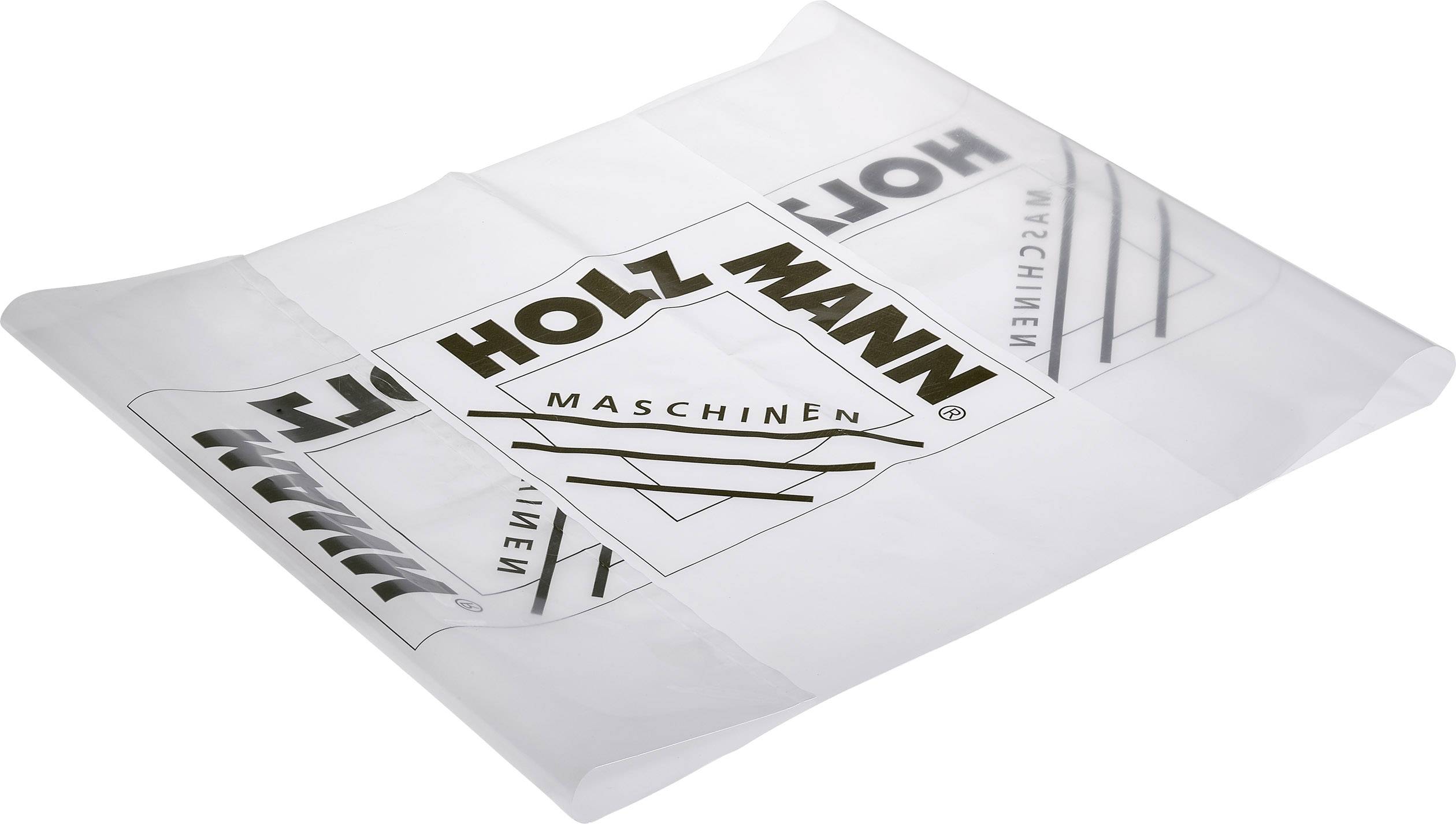 Průhledný plastový pytel s černým potiskem 'Holzmann Maschinen' a logem.