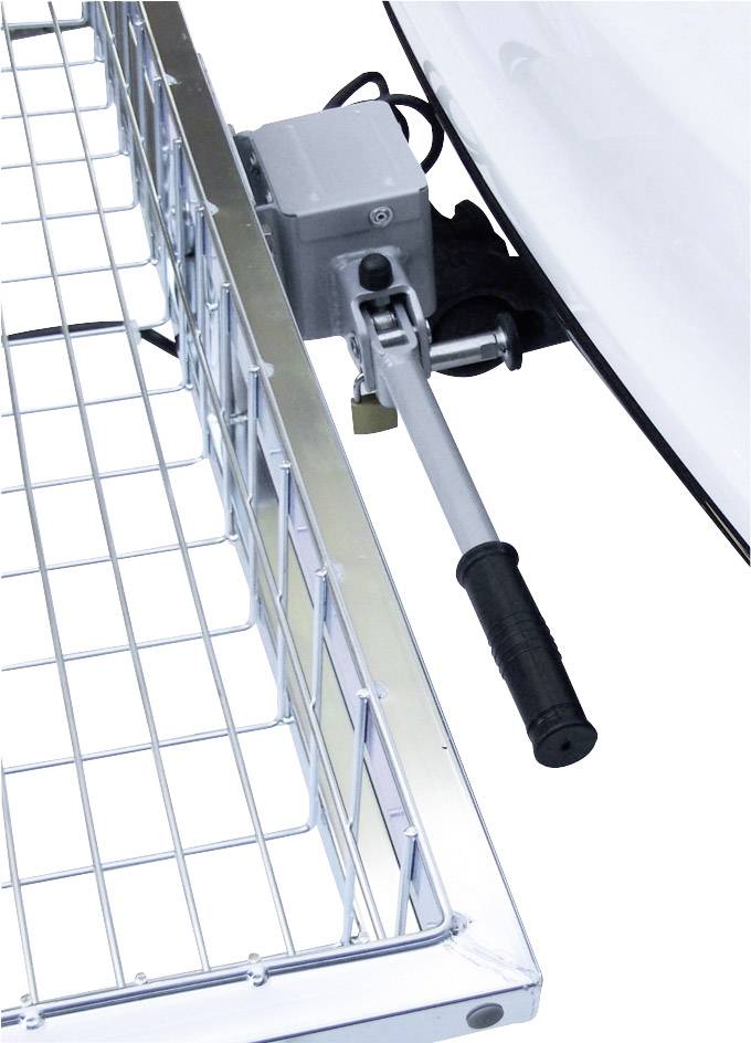 Kovový mřížkový koš s elektrickým zařízením pro upevnění na vozidlo. Konstrukce působí stabilně a robustně.