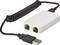 Bílý ethernetový adaptér se dvěma RJ45 porty a spirálovitým USB kabelem pro připojení k počítači.