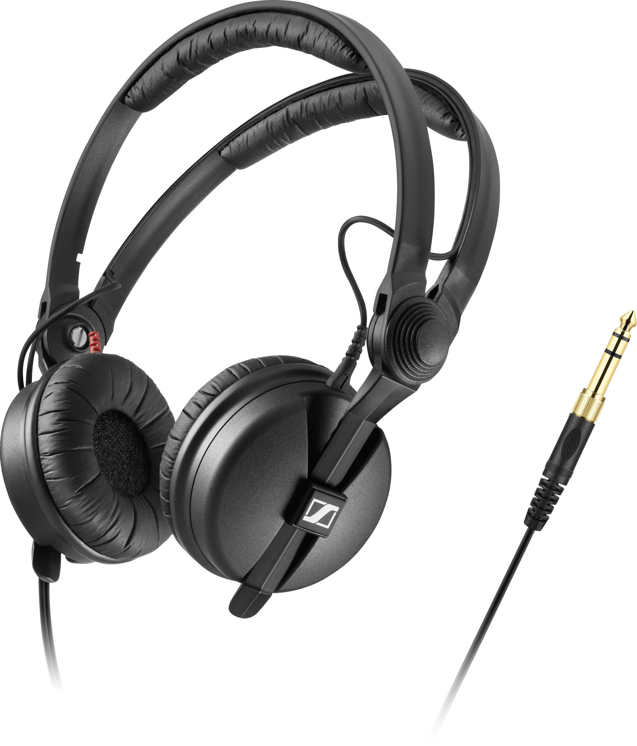Černá skládací sluchátka s kabelem a pozlaceným 3,5mm jackem. Vhodná pro profesionální audio použití.