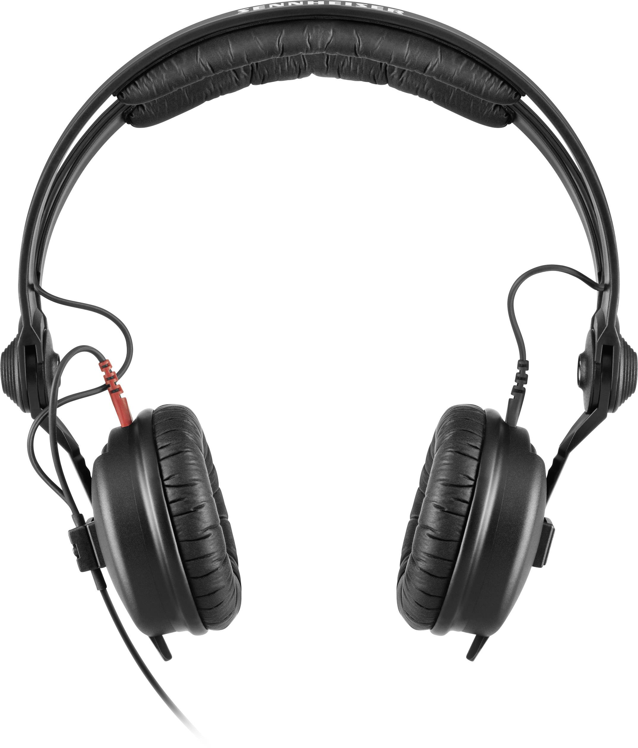 Černé over-ear sluchátka s polstrovaným hlavovým mostem a kabelovým připojením, focená zepředu.