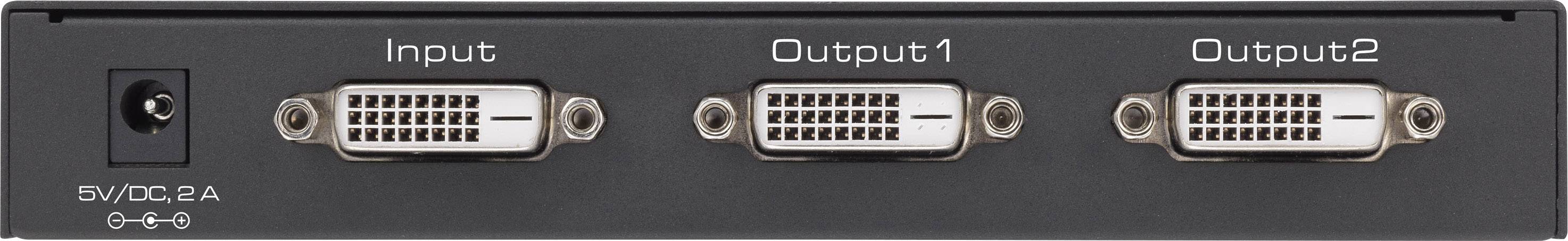 DVI rozbočovač pohled zezadu se třemi porty: 'Input', 'Output1', 'Output2'. Vlevo napájecí konektor. Používá se pro distribuci videosignálů.