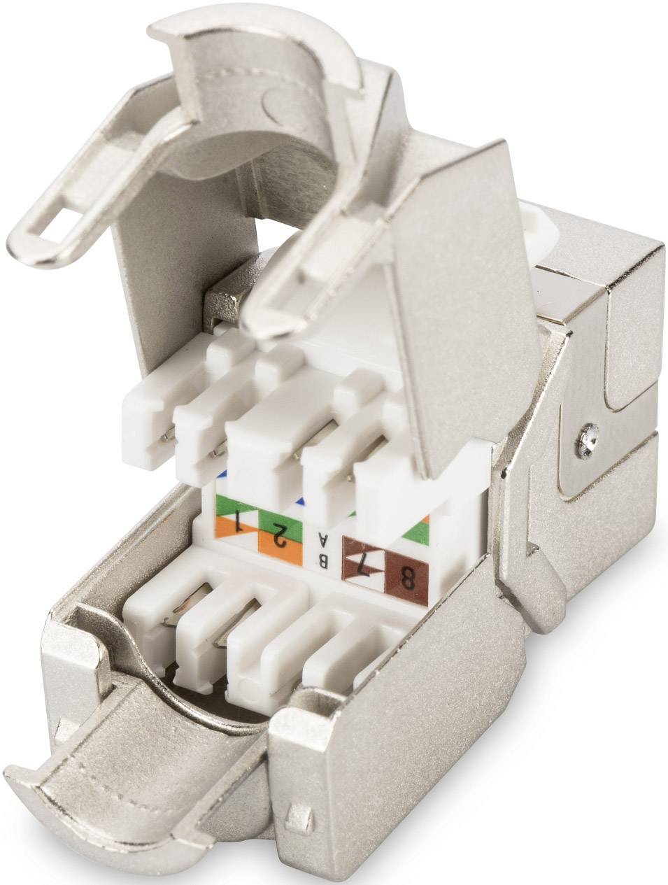 Kovový RJ45 modul s otevřeným krytem ukazuje barevně označené připojovací svorky.