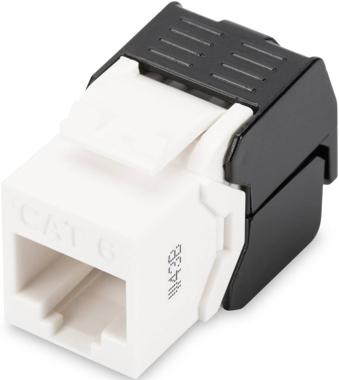 Bílý a černý síťový keystone jack Cat6 pro propojení síťových kabelů v rozvaděčích nebo zásuvkách.