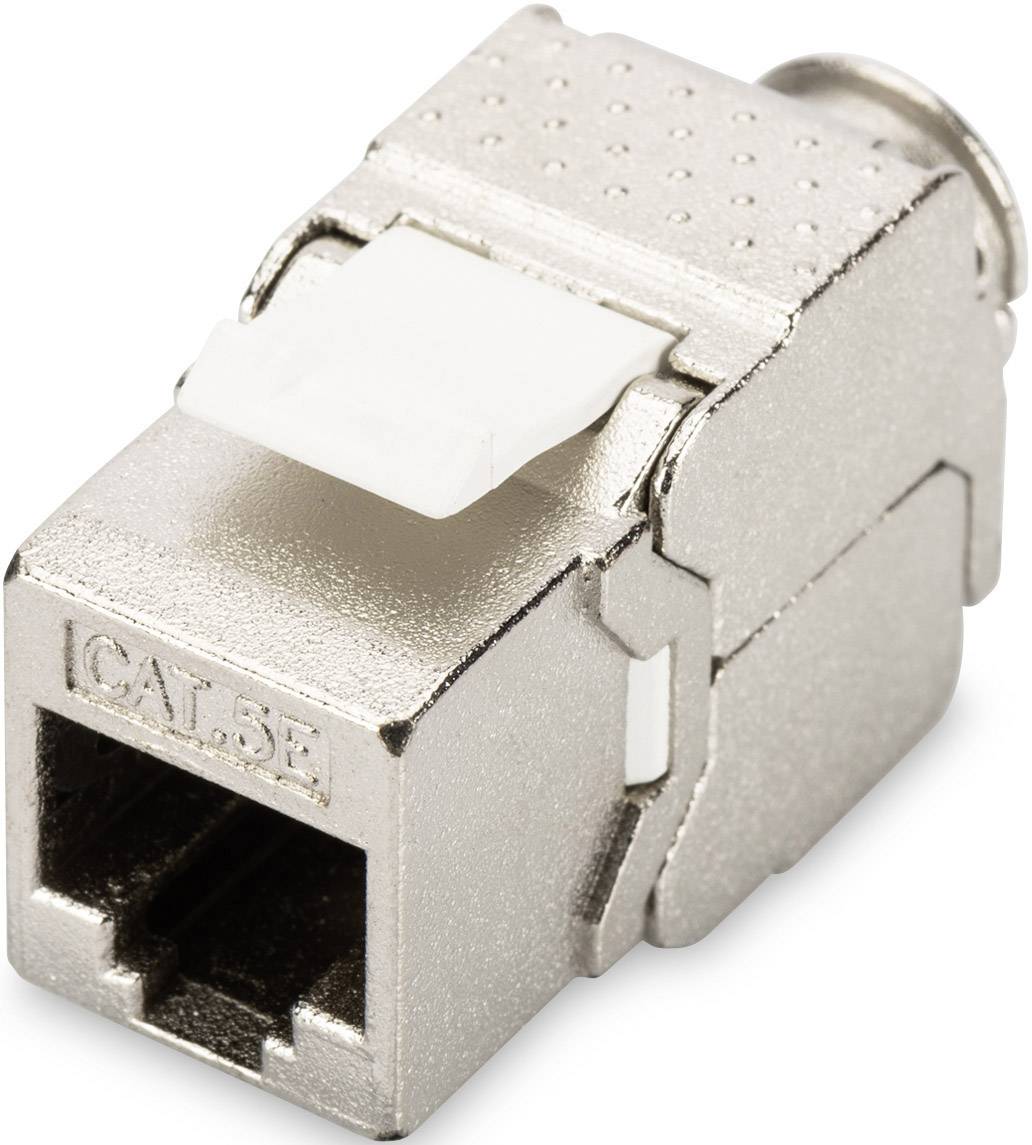 Stříbrný ethernetový síťový konektor kategorie 5e s bílou záchytkou nahoře.