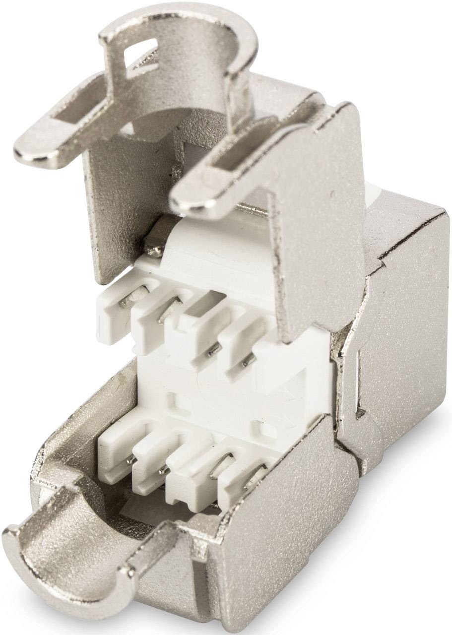 Kovový konektor RJ45, částečně otevřený, odhaluje vnitřní plastové kontakty, vhodný pro síťové instalace.