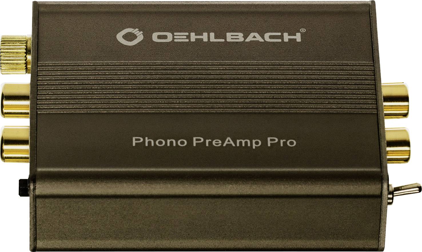 Černý Oehlbach předzesilovač pro gramofon se zlatými konektory s nápisem 'Phono PreAmp Pro'.