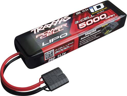 Červený 3-článkový LiPo akumulátor značky Traxxas o kapacitě 5000mAh a napětí 11,1V, vhodný pro RC modely. Zobrazuje štítek a kabelové konektory.