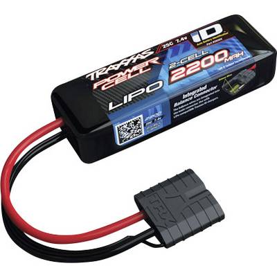 LiPo akumulátor od Traxxasu se dvěma články, 2200 mAh, 7,4V, červeno-černý kabel, integrovaný balancovací konektor.
