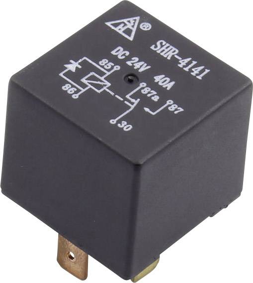 Černé relé s nápisem 'SHR-4141' je zobrazeno. Ukazuje elektrické schéma zapojení a specifikace: 'DC 24V, 40A'.