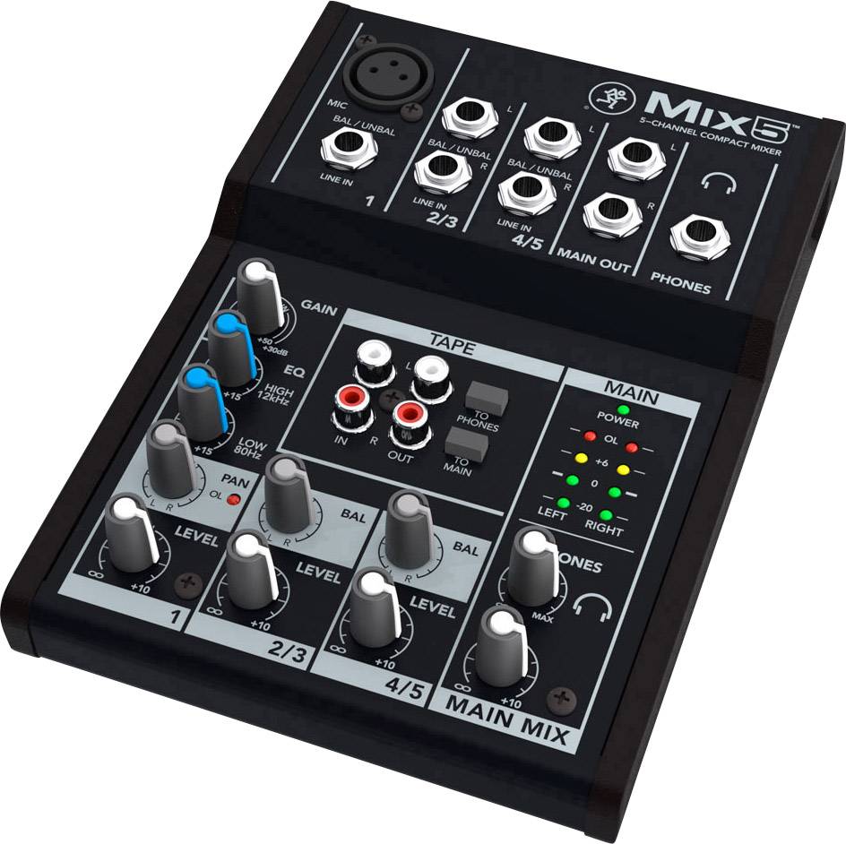 Šestikanálový mixážní pult s několika ovladači a konektory pro mikrofony, nástroje a audiozařízení, označovaný jako 'Mix6'.