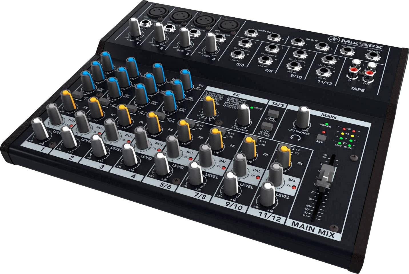 Mixážní pult s několika kanály, potenciometry, tlačítky a vstupy pro ovládání audia. Hlavní mixážní sekce pro regulaci hlasitosti.