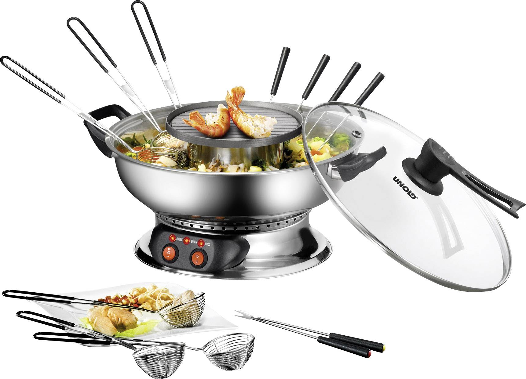 Unold Asia Fondue fondue 1350 W 2 samostatné regulátory teploty, 6 napichovátek na fondue, funkce grilování nerezová oce