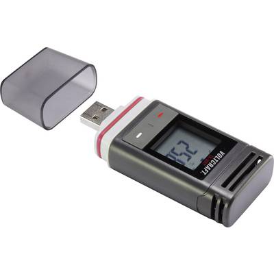 USB teplotní logger s odejmutým ochranným krytem, zobrazuje teplotu '052' na displeji. Vhodný pro záznam a analýzu dat.