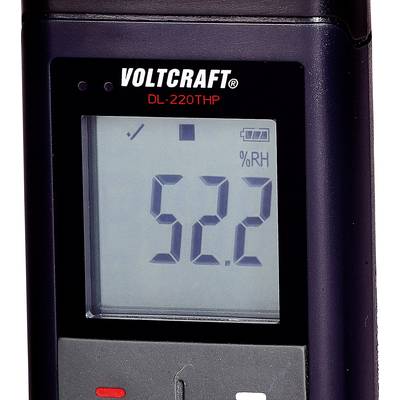 Digitální termo-hygrometr zobrazuje '52,2 % RV'. Indikátor stavu baterie v pravém horním rohu. Značka: Voltcraft, model DL-220THP.<br><br>Note: RH (Relative Humidity) is translated as RV (Relativní Vlhkost) in Czech, maintaining the technical precision.