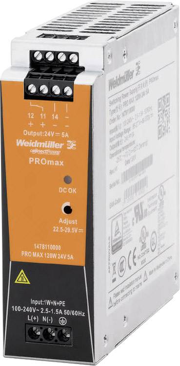 Průmyslový napájecí zdroj od společnosti Weidmüller, model PROmax, 24V/5A, 120W. Vhodný pro spolehlivé napájení.
