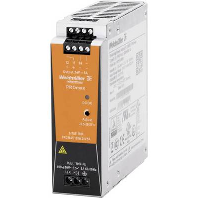Průmyslový napájecí zdroj od společnosti Weidmüller, model PROmax, 24V/5A, 120W. Vhodný pro spolehlivé napájení.