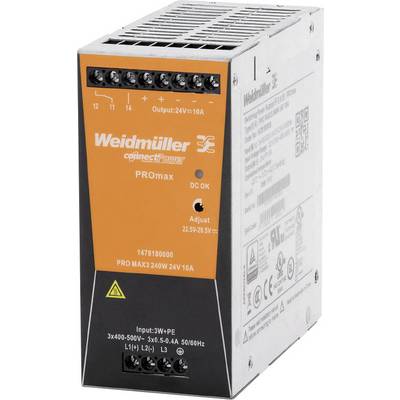Napájecí zdroj od společnosti Weidmüller, model PROmax, s nastavitelným napětím 24V-28,5V a maximálním výstupním proudem 10A.
