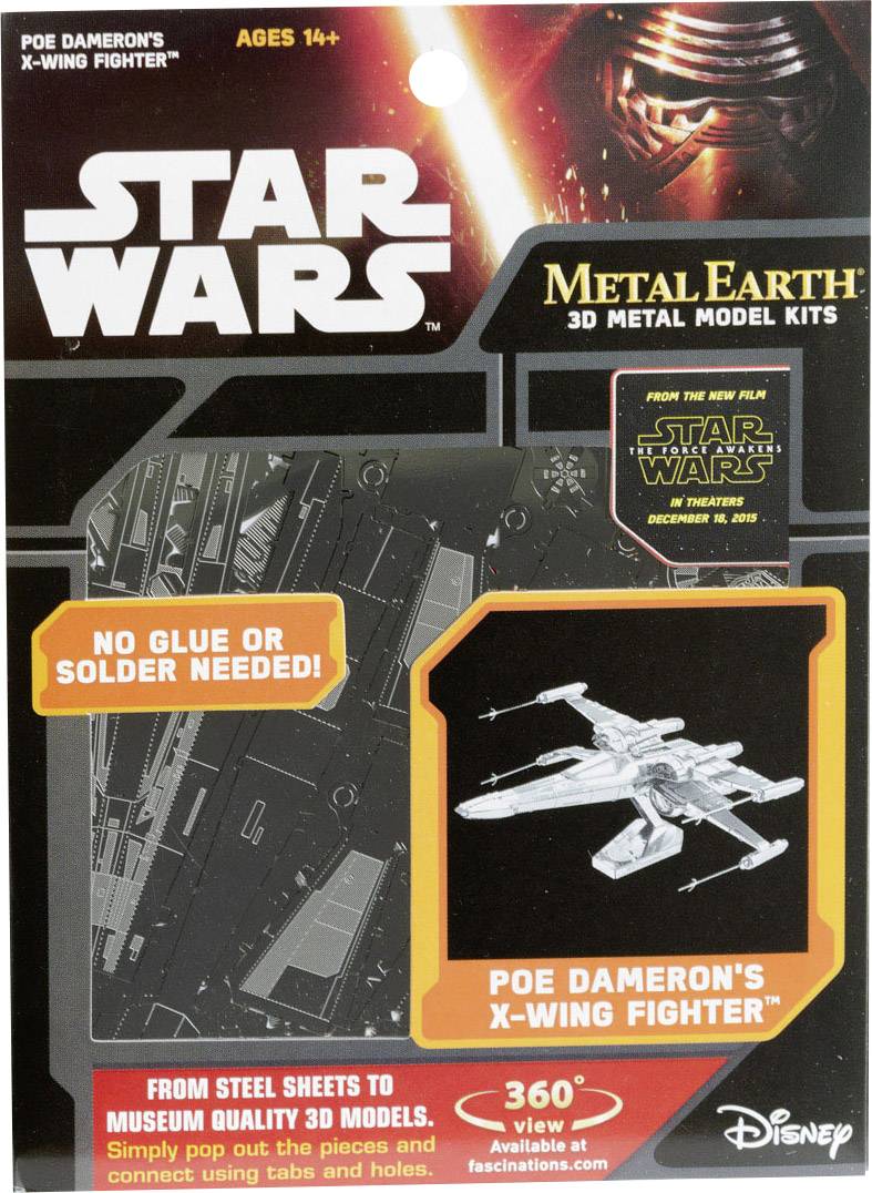 Kovový 3D model stíhačky X-Wing Poe Damerona z filmu Star Wars, bez potřeby lepidla, vhodný pro věkovou kategorii 14+, licencováno Disney.