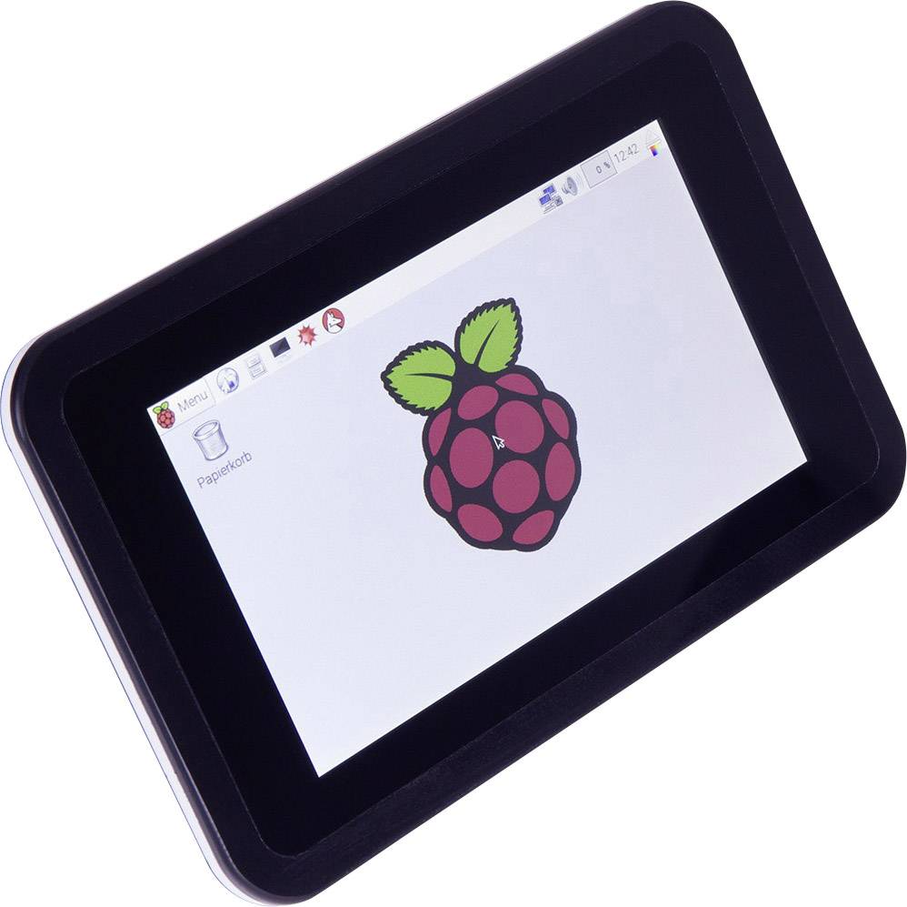 Tablet s displejem zobrazuje logo počítačového systému Raspberry Pi na bílém pozadí.