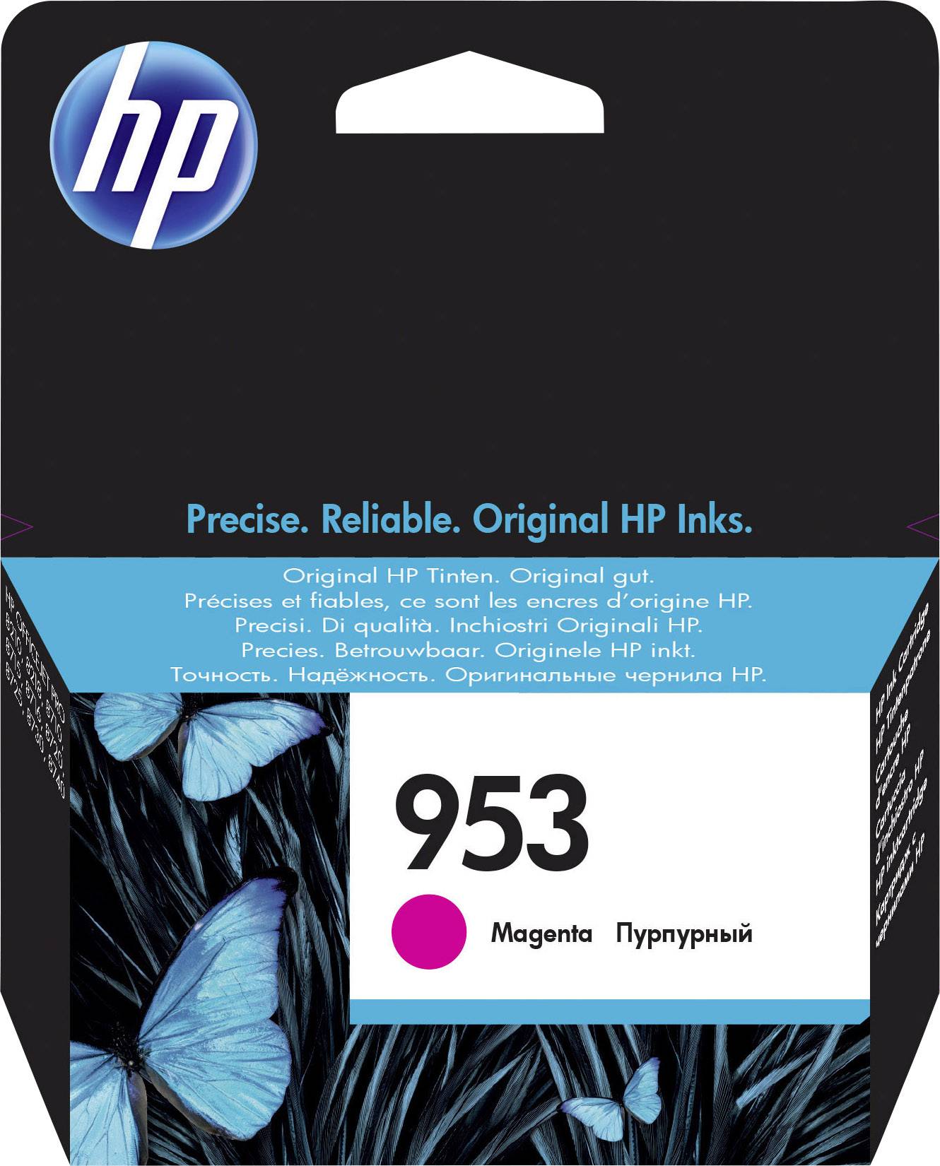 Inkoustová kazeta pro tiskárny HP, model 953, barva Magenta. Balení s modrými motýly a sloganem 'Originální inkousty HP'.