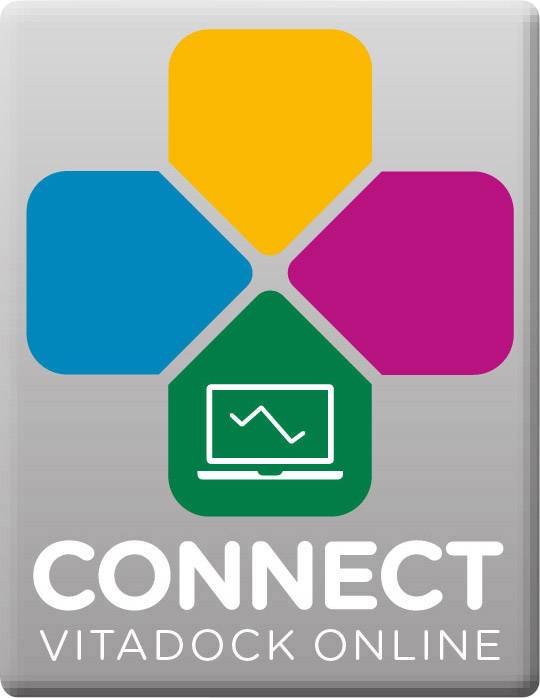 Barevná květina s logem laptopového symbolu zobrazuje 'CONNECT VITADOCK ONLINE'. Ilustruje účel online připojovací služby.