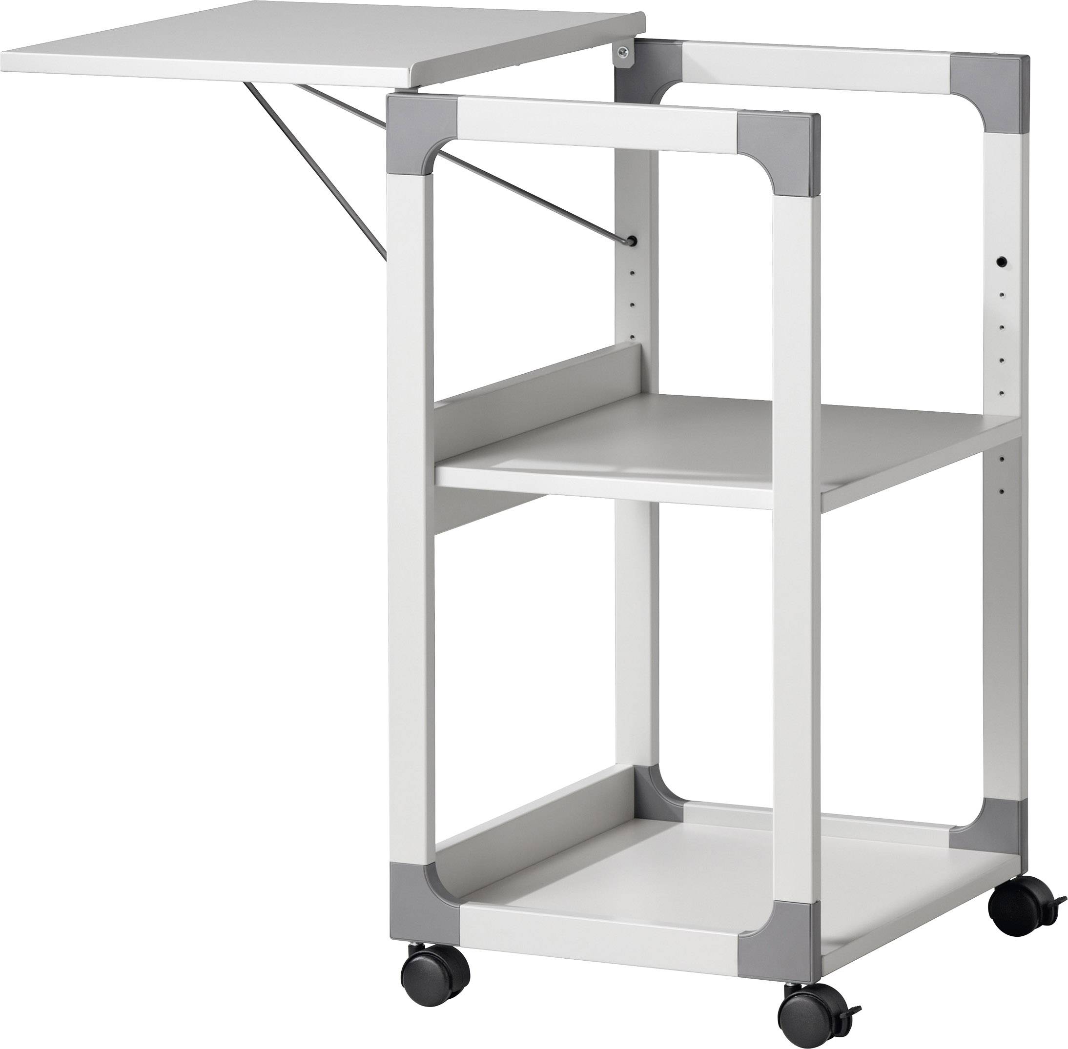 Bílý pojízdný servírovací vozík z kovu se třemi policemi a sklopným bočním stolkem.