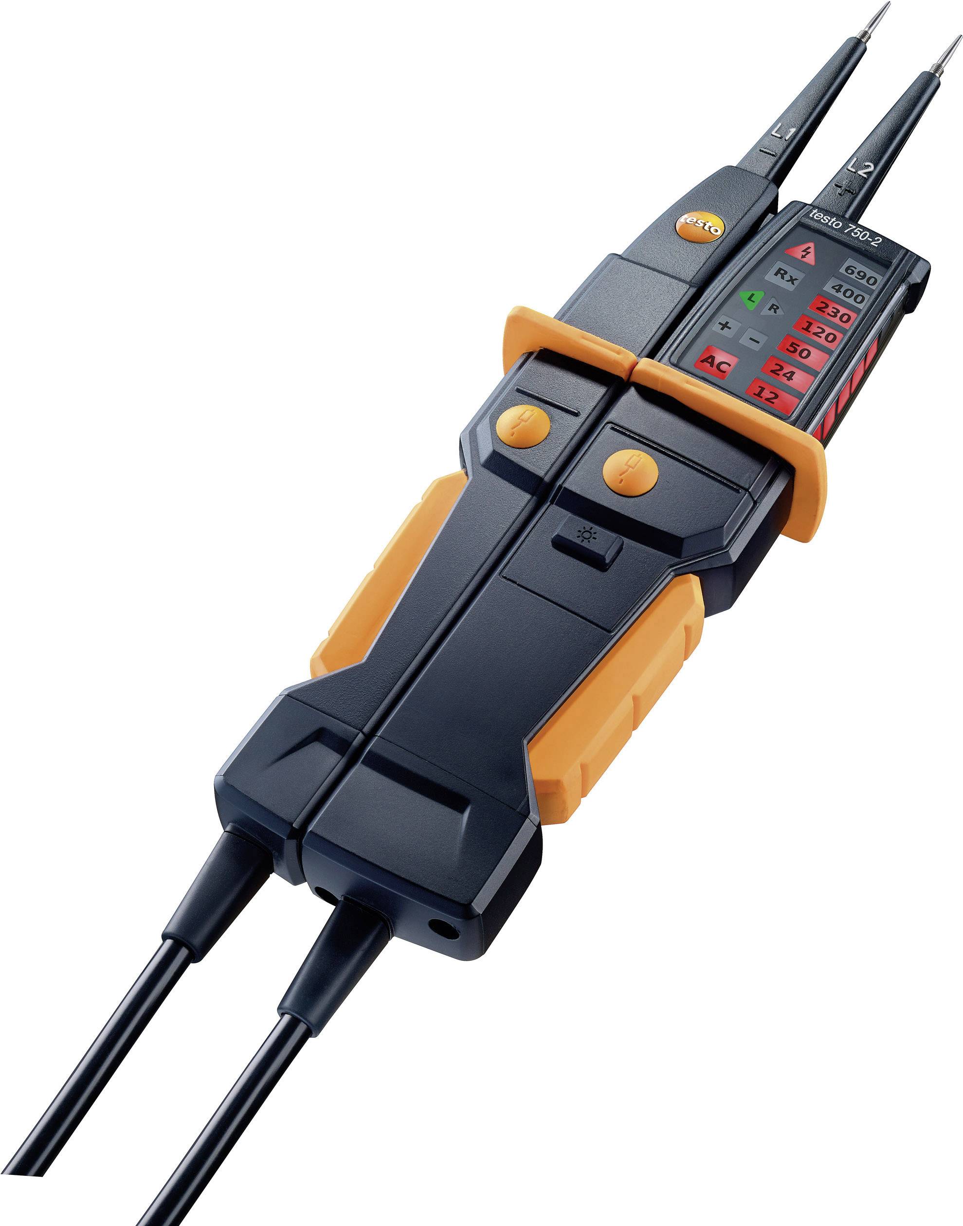 Elektrický tester napětí s černým pouzdrem a oranžovými akcenty zobrazuje různé hodnoty napětí a symboly.