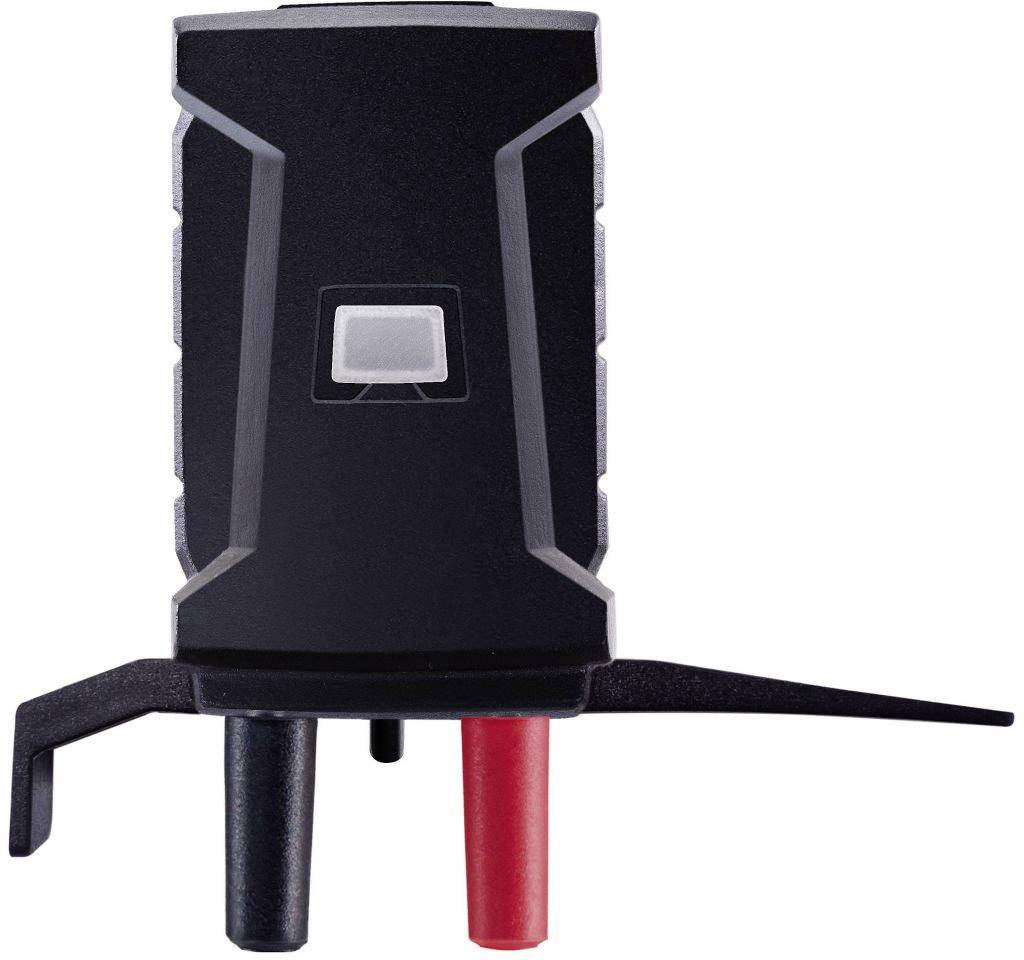 Černý elektrický měřicí přístroj se dvěma připojovacími svorkami, černou a červenou, určený pro měření elektrických parametrů.