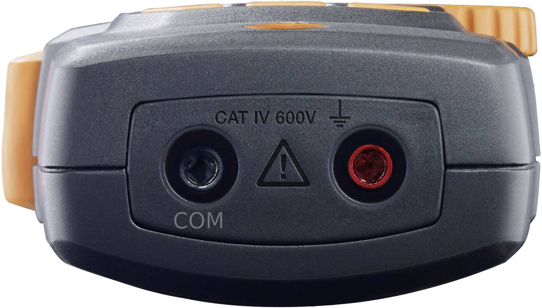 Digitální měřicí přístroj se dvěma připojovacími zdířkami, označenými 'COM' a 'CAT IV 600V' pro vysoké napětí, černé a červené vstupy.