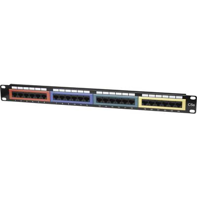 Patch panel se 24 porty RJ45, barevně kódovaný v červené, modré, zelené a žluté barvě. Značení čísluje porty od 1 do 24.