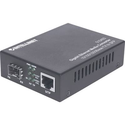 Černý gigabitový ethernetový mediální konvertor s logem značky, dva porty: optické vlákno a UTP. Označený výrobním číslem a specifikacemi.
