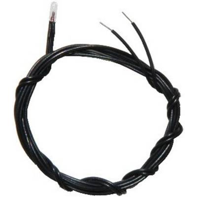 Černý kabel je svinut do spirály. Na obou koncích jsou viditelné konce vodiče a na jednom konci je připevněn průhledný senzor nebo LED.