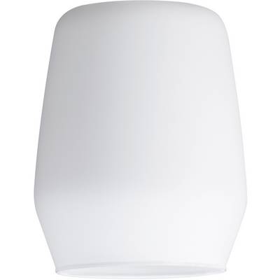 Bílá, válcovitá skleněná lampa s jemně zvlněným tvarem.