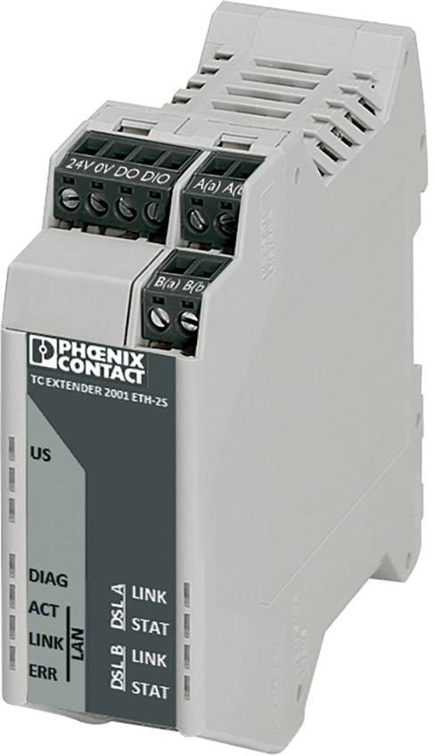 Průmyslový modul od Phoenix Contact s několika porty, vhodný pro použití v průmyslových síťových spojeních.