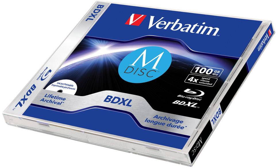 Verbatim BDXL M-Disc v balení, kapacita 100 GB, vhodný pro dlouhodobou archivaci. Rychlost zápisu 4x.