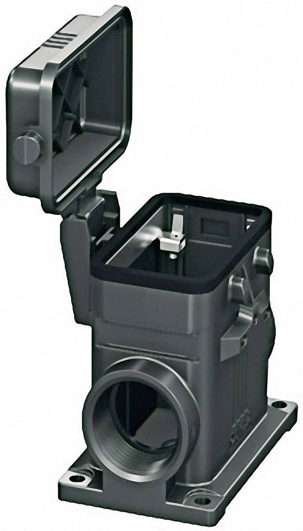 Černá obdélníková schránka s otevřeným víkem, vhodná pro elektrické spoje; po straně je viditelný uzavírací mechanismus.