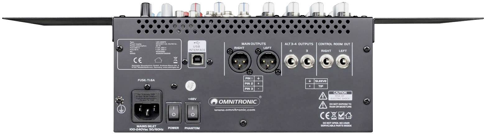 Zadní strana mixážního pultu s různými audio konektory, dvěma XLR vstupy a několika ovladači.