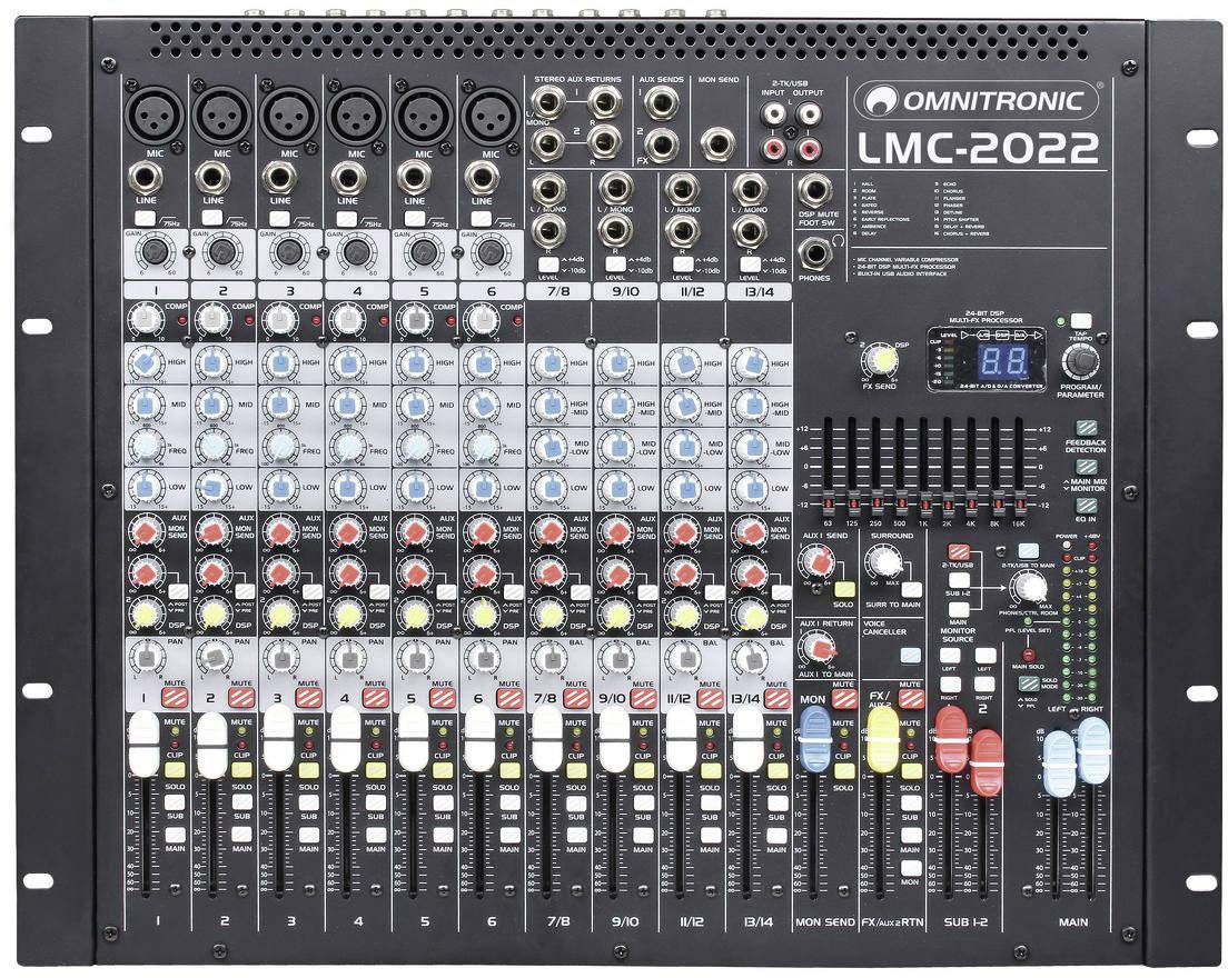 Mixážní pult s více kanály a otočnými ovladači. Označený jako Omnitronic LMC-2022. Vhodný pro míchání zvuku a správu audia.